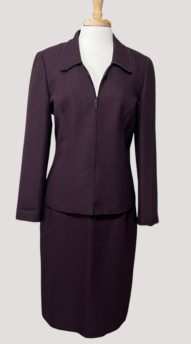 Kasper ASL Skirt Suit Women 12 Purple Black Houndstooth Zip Blazer 90s Corporate